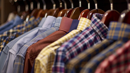 A row of men's shirts hanging on hangers in the closet. Shirts with various colors in the style of a background