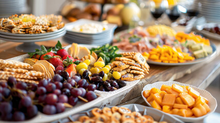Fototapeta premium Assortment of snacks on a catering plate, beautifully arranged on a buffet table, ready for guests to enjoy.