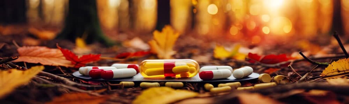 close-up of various pills and capsules scattered among autumn leaves on the forest floor. The warm, golden light filters through the trees. autumn fall park forest. Healthcare and medicine concept