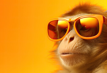 Macaque with glasses. Close-up portrait of a macaque. Anthopomorphic creature. A fictional character for advertising and marketing. Humorous character for graphic design.