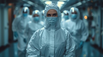 Medical Team in Protective Gear - Medical professionals in full protective suits and masks, working in a high-risk environment with a focused, determined look.