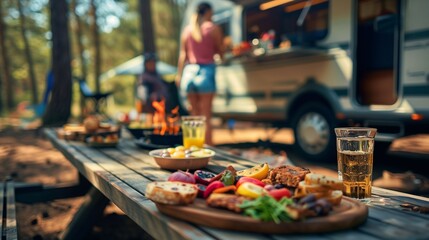 A serene camping picnic setup featuring delicious food and refreshing drinks, perfect for an outdoor trip in nature. Enjoy the beauty of the wilderness while savoring a delightful meal.