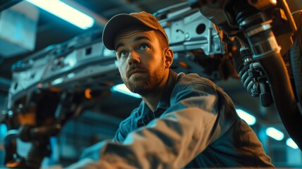 Fototapeta premium Closeup of a skilled car mechanic working on an engine, showcasing expertise and precision in auto repair and maintenance.