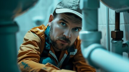 Closeup of a plumber fixing a broken sink, addressing pipe and water issues. Professional plumbing services for home repairs.