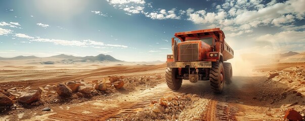 A red dump truck drives on a dusty desert road.