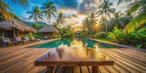 Obraz premium Tropical Sunset Poolside Table A Wooden Perspective, Palm Trees, Sunset, Pool, Table, tropical, paradise