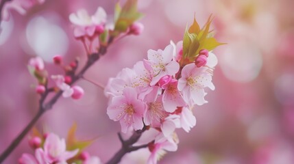 Fototapeta premium Soft pink cherry blossoms in full bloom, showcasing their delicate petals and vibrant beauty, with a blurred background to highlight the flowers' details and evoke a sense of spring.