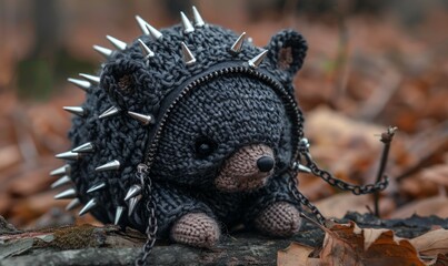 Fototapeta premium knitted black hedgehog with metal spikes, chains, zippers