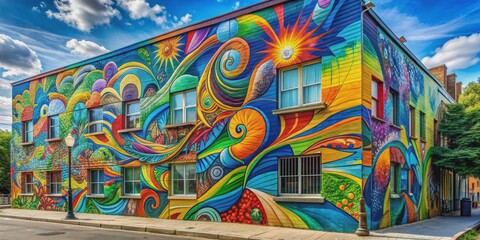 Naklejka premium Vibrant Street Art Mural with Swirling Patterns and Windows, Colorful, Abstract, Cityscape, Building, Mural Art, Street Art
