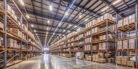 Fototapeta premium Warehouse Storage Shelves with Cardboard Boxes, Warehouse, Logistics, Distribution, Storage