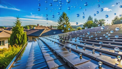 Obraz premium Water Drops Falling on Roof, Close Up, Water Drops, Roof, Texture, Blue Sky, Rain
