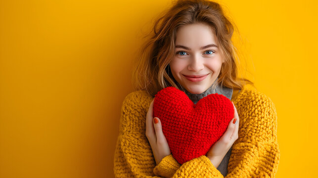 Woman hugging heart shaped stuffed animal on yellow background, celebrating Valentine's Day with warm affection