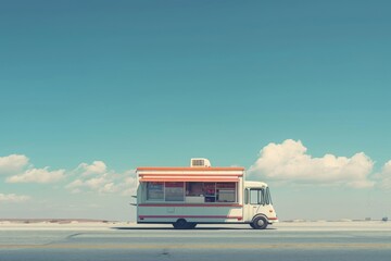 A photo of a food truck in motion, driving down a highway against the backdrop of a vivid blue sky, Mimimalistic image of a solitary food truck, AI Generated