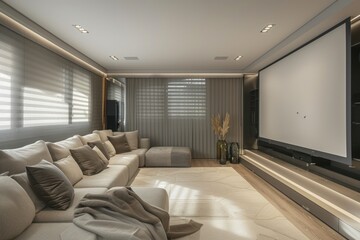 Fototapeta premium Minimal game room with a modular seating arrangement, integrated entertainment system