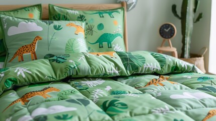Children's bedding set with green background featuring playful dinosaur illustrations, creating a fun and vibrant bedroom decor
