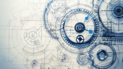 Naklejka premium Detailed blueprint illustration showcasing interlocking mechanical gears and engineering design elements. The intricate design highlights technical precision and complexity, perfect for engineering