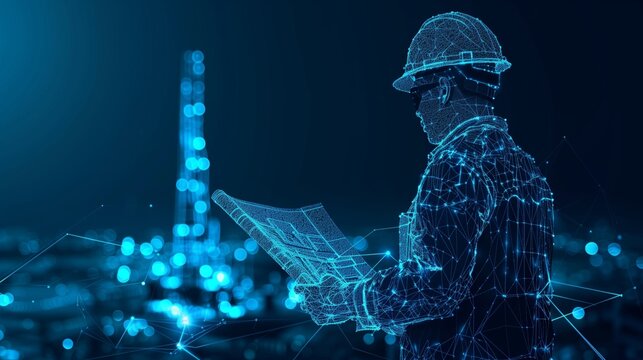 Engineer holding a blueprint looking at gas drilling. Low poly wireframe style design. Construction, business or petroleum industry concept.