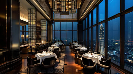Elegant dining at the Rooftop Restaurant and Moon Bar, Banyan Tree Hotel, 61st floor, with panoramic views of Bangkok on Sathorn Road.