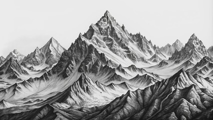 A Pen and Ink Drawing of a Mountain Range, Black and White, Ink Landscape Art, Mountain Peak, Snowy Mountain , Nature , Art