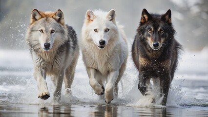 A Trio of Wolves Running Through a Snowy River, Photography, Wildlife, Nature, Animal, Pack , wolf