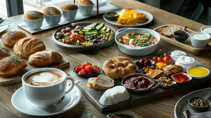 Elegant in-room breakfast service at a luxury hotel: food platters, bread, and coffee, highlighting premium travel and hospitality.