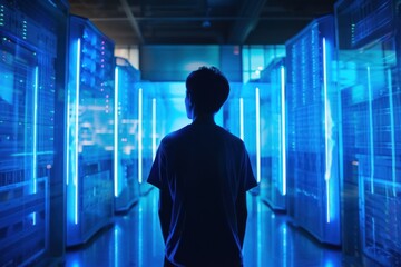Person standing in a data center, illuminated by blue lights, technology and futuristic innovation