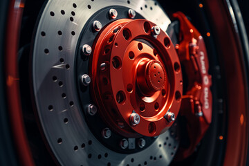 Car brake discs and red calipers on a black background