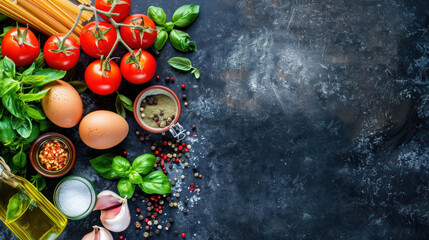 Fresh Italian food ingredients: vegetables, eggs, tomatoes, olive oil, oregano, garlic, salt, pepper, basil, pasta, and spices. Top view, dark background, copy space.