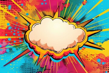 Pop art style background with a speech bubble and dynamic explosion, vibrant colors, comic book, energetic