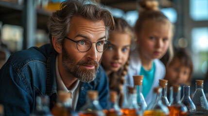 A teacher guiding curious children through science experiments in a classroom filled with lab flasks.