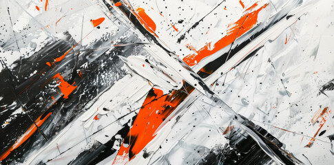 Abstract black, white and grey Painting with thin lines in the style of modern art with an orange accent