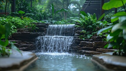 Serene small waterfall flowing through lush green plants in a tropical garden setting.