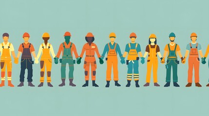 Diverse group of construction workers holding hands in unity.