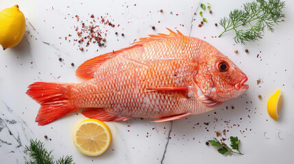 Fresh whole red tilapia fish with lemon and spices, placed on a marble background, viewed from above.