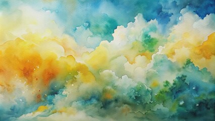 Fototapeta premium Abstract Watercolor Sky, Yellow, Green, Blue, Clouds, Watercolor Painting, Sky Art