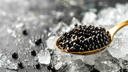 Fototapeta premium Black caviar in a golden spoon, placed on ice, showcasing high-quality sturgeon caviar, luxury delicacy over a gray background.