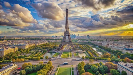 Aerial View of the Eiffel Tower in Paris at Sunset, Paris , Eiffel Tower , France , Landscape