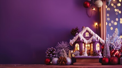 Christmas theme featuring toy house and decor on wooden shelf against purple backdrop