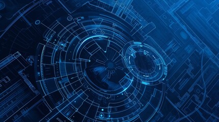 A futuristic digital interface featuring intricate blue circuitry and concentric circular designs. This high-tech visualization represents advanced technology and data systems, ideal for illustrating