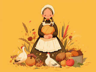 Obraz premium Pilgrim girl holding a pumpkin surrounded by harvest decorations