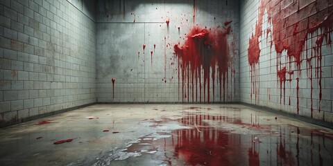 Bloodstained Room A 3D Render of a Tile Wall with Bloody Drips and Reflections, horror, crime scene, splattered blood, bloody tiles