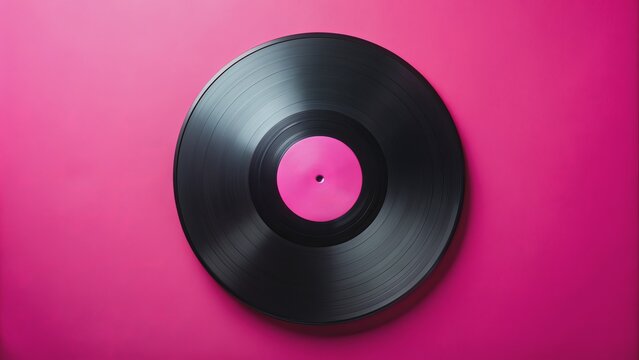 Black Vinyl Record on a Pink Background, vinyl, record, music, retro