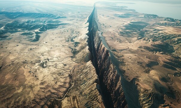 The massive fault line splits the Earth's crust, creating a stark division between continents