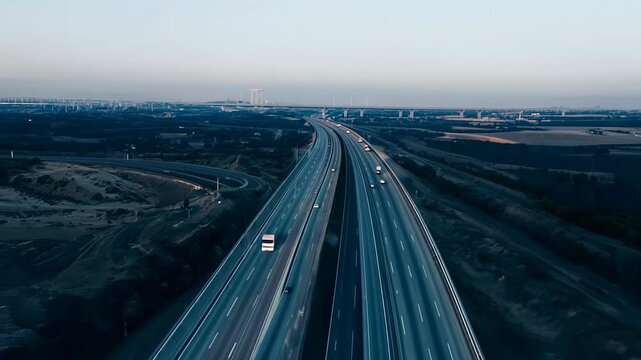 Aerial view of a vast, multi-lane highway stretching into the horizon, surrounded by greenery and a few scattered buildings