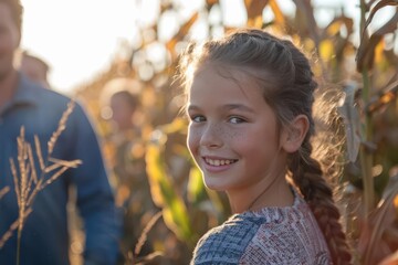A young girl smiles brightly while standing in a cornfield. The sun shines through the stalks, creating a warm glow.