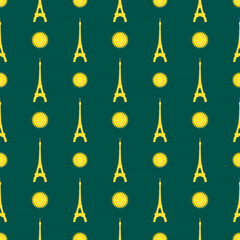 seamless pattern: Eiffel tower and yellow flowers against green