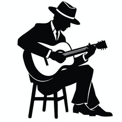 Fototapeta premium a man playing guitar siting a tool, vector silhouette, isolated white background 