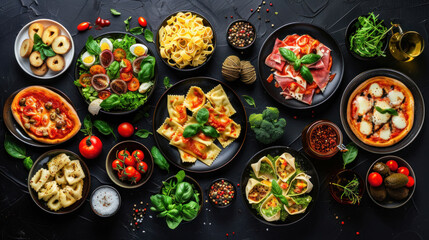 Italian cuisine spread: pizza, pasta, ravioli, carpaccio, Caprese salad, and tomato bruschetta, top view on a black background.