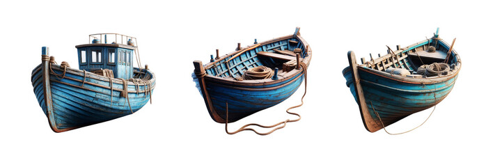 Obraz premium Old blue wooden fishing boat, set of against Transparent background