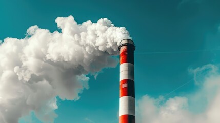 Massive chimney of an industrial plant releasing smoke, set against a bright blue sky with picturesque white clouds, generative ai